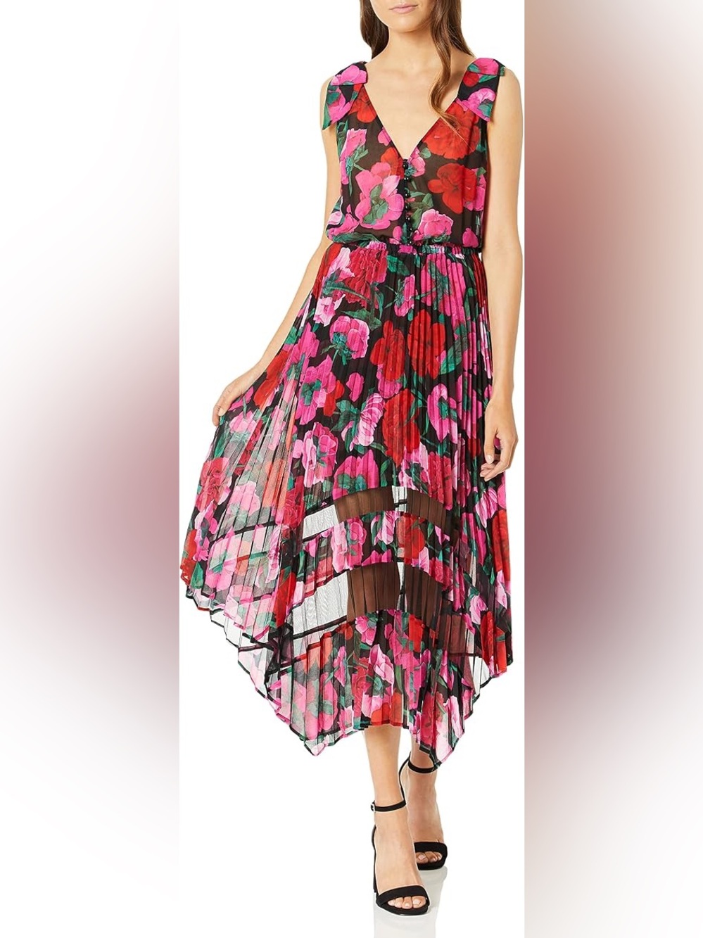 The Kooples Black High-Low Pleated Skirt with Pink & Red Floral Print